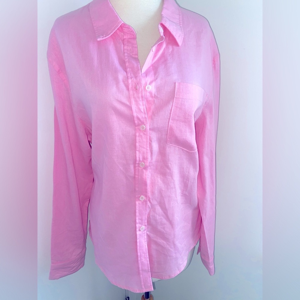 Pink Linen Blend Button Down Shirt - Size L - NEW